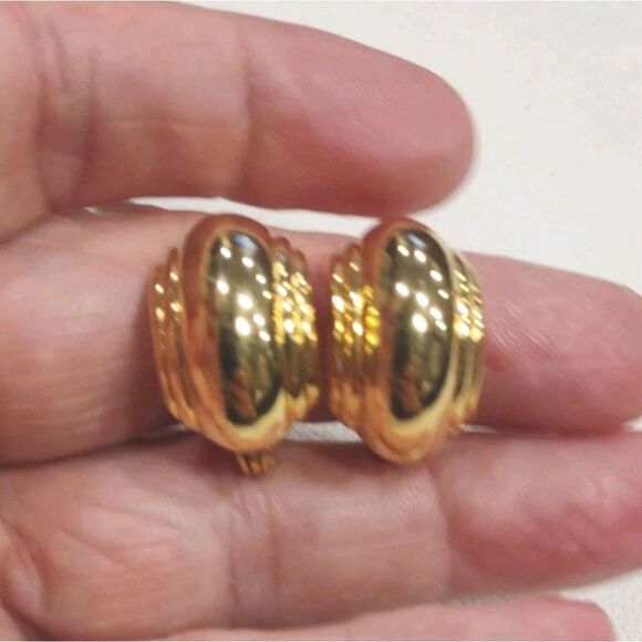 Vintage Monet Gold Tone Clip On Hoop Earrings, 1" - Picture 2 of 5